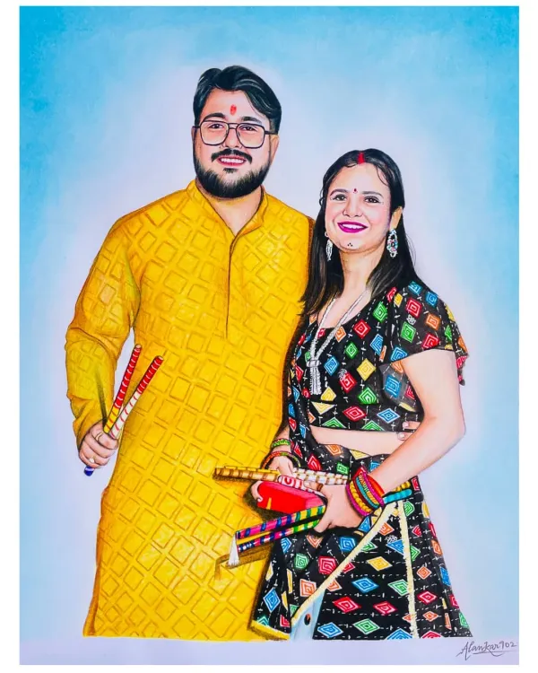 A beautiful couple portrait, commissioned all the way from Canada. I used vibrant color pencils to capture the festive details of their traditional outfits and their happy expressions.