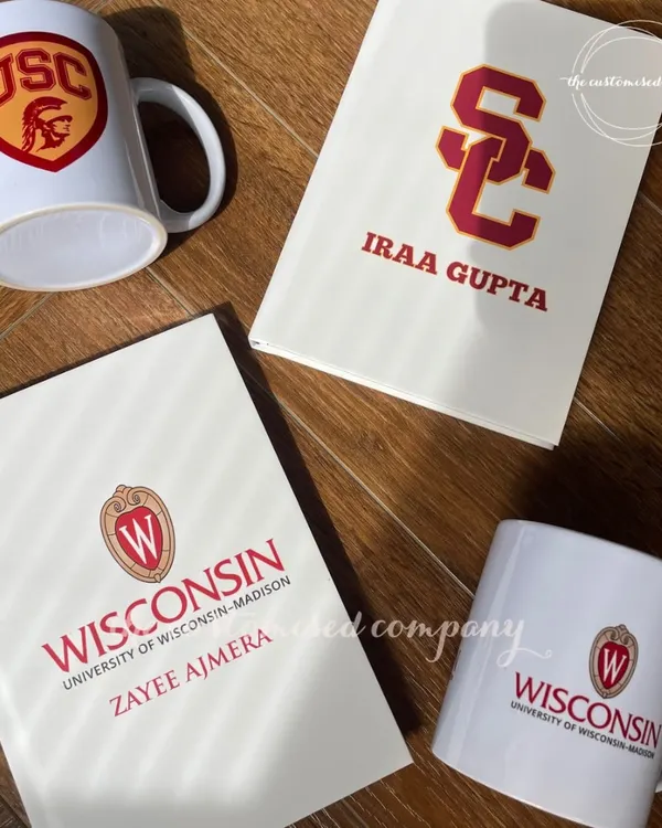 Your campus essentials, upgraded. We create personalized stationery and mugs with university logos, like these sets for USC and Wisconsin, perfect for students heading off to college.