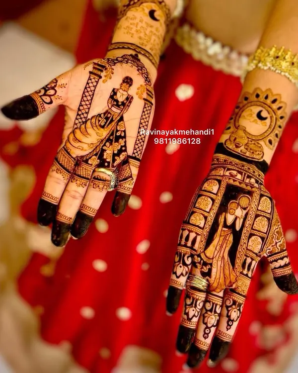 A stunning Karwa Chauth special design, featuring intricate figures of a couple within ornate frames. The use of bold lines and delicate shading, along with solid fingertips, creates a classic yet striking bridal look perfect for the festive season.