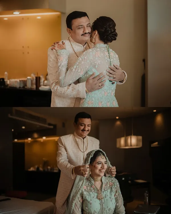 A collage capturing the emotional 'first look' between the bride and her father. His proud smile and her happy tears are the moments we live to document.