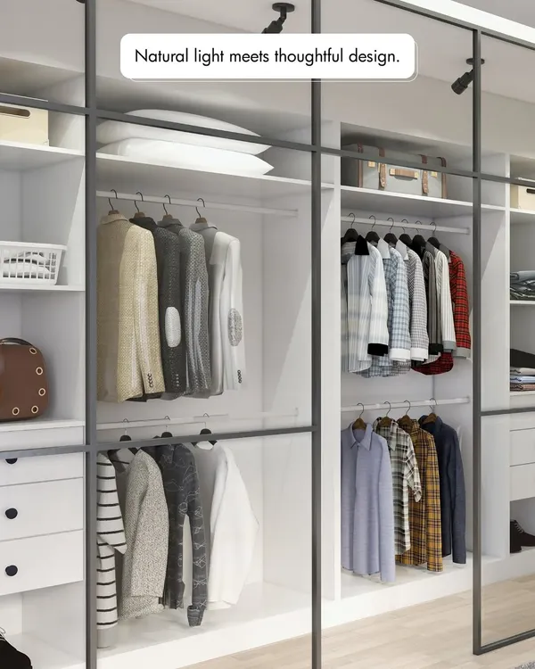 Natural light meets thoughtful design in this well-organized closet. I used a combination of hanging space, drawers, and open shelving to ensure every item has its place, making it easy to see and access your wardrobe.