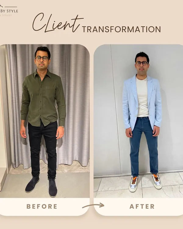 This is what a style transformation looks like. We took my client from feeling unsure in his clothes to looking sharp and feeling confident. By focusing on better-fitting pieces like this light blue blazer and well-cut jeans, we created a modern look that truly reflects his personality.