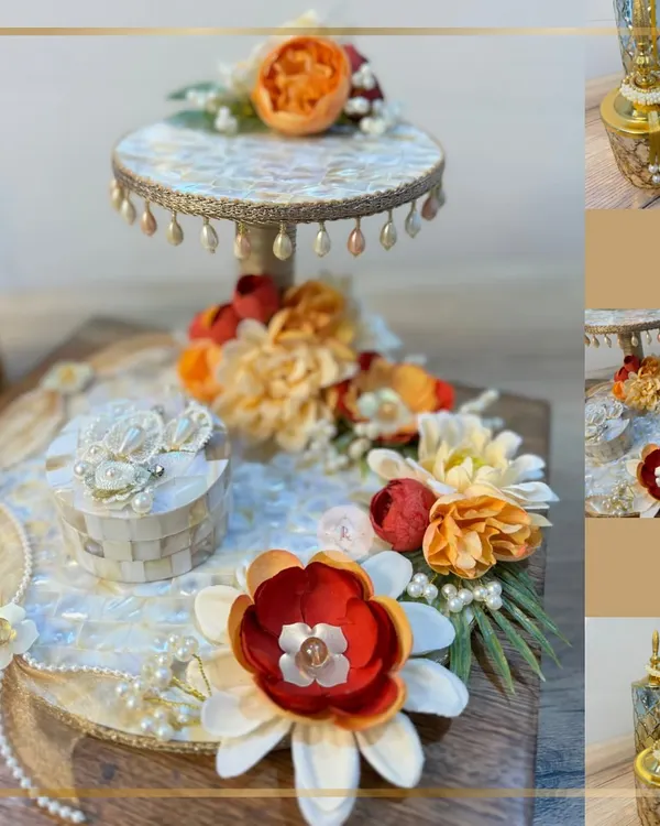 A collage showcasing the elegance of our custom ring platter on a Mother of Pearl base. The design features a bespoke burnt orange floral theme, pearl details, and matching decorative jars, creating a complete, luxurious set for your engagement ceremony.