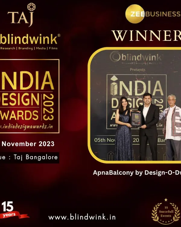 We are honored to be recognized for our work. This is the award we received from Blindwink's India Design Awards 2023 for being the "Most Preferred Modern Interior Design Company of Bangalore," a testament to our team's dedication.
