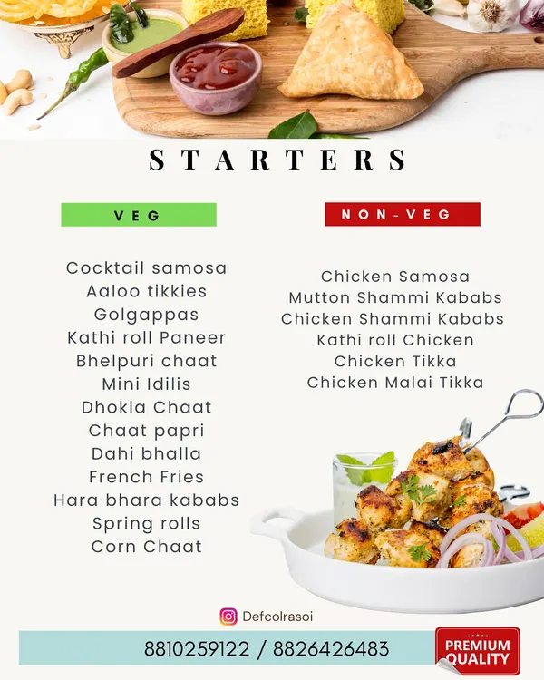 Our detailed starters menu, featuring a wide variety of vegetarian and non-vegetarian options, from Cocktail Samosas and Golgappas to Chicken Tikka and Shammi Kababs.