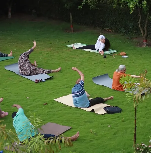 An outdoor yoga session with a diverse group of students enjoying the fresh air. We are practicing a gentle side stretch to open up the body.