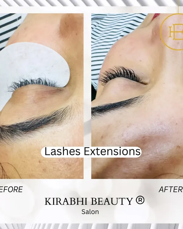 A beautiful example of how extensions add length and a perfect curl. The 'after' shows a defined lash line that makes the eyes pop.