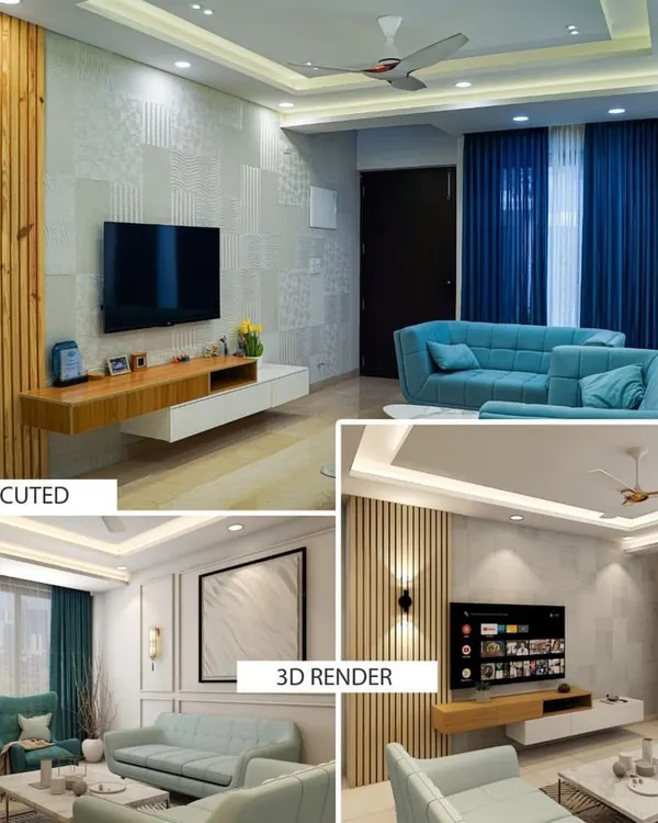 This living room transformation shows our commitment to bringing your vision to life. We start with a detailed 3D render so you see exactly what you're getting, and then our in-house team executes it flawlessly, from the floating TV unit with wooden louvers to the elegant false ceiling with ambient lighting.