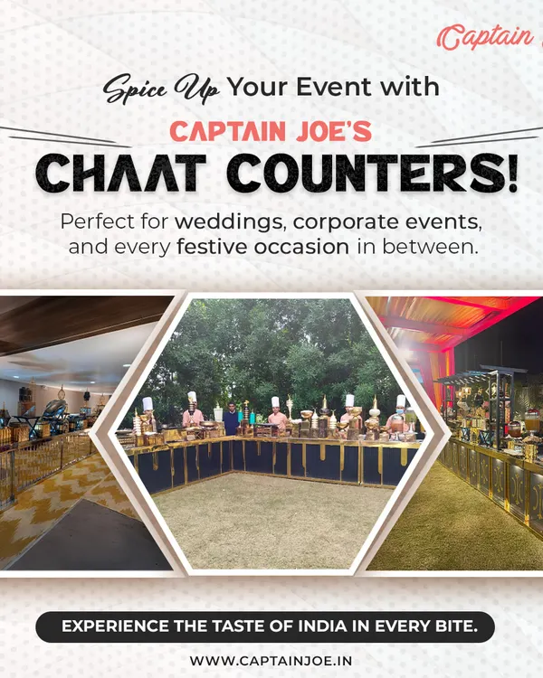 Spice up your event with our live chaat counters. This graphic showcases different setups for our chaat stations, a perfect and interactive addition for corporate events and festive occasions.