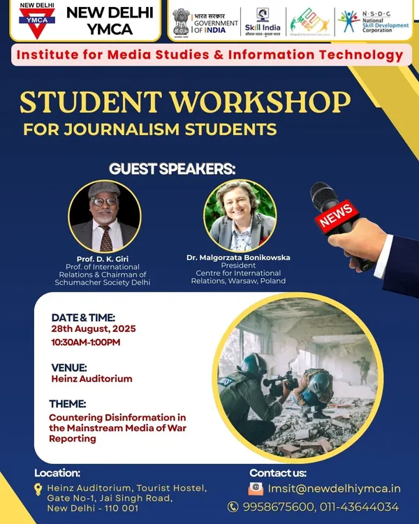 The official poster for our student workshop on "Countering Disinformation in the Mainstream Media of War Reporting," featuring international relations experts as guest speakers.
