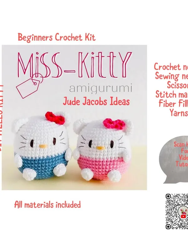 This is my Miss-Kitty amigurumi kit, perfect for your first project! It shows the adorable plushies you can make and lists all the materials I include, from the yarn to the crochet needle. I even added a QR code that takes you straight to a video tutorial.