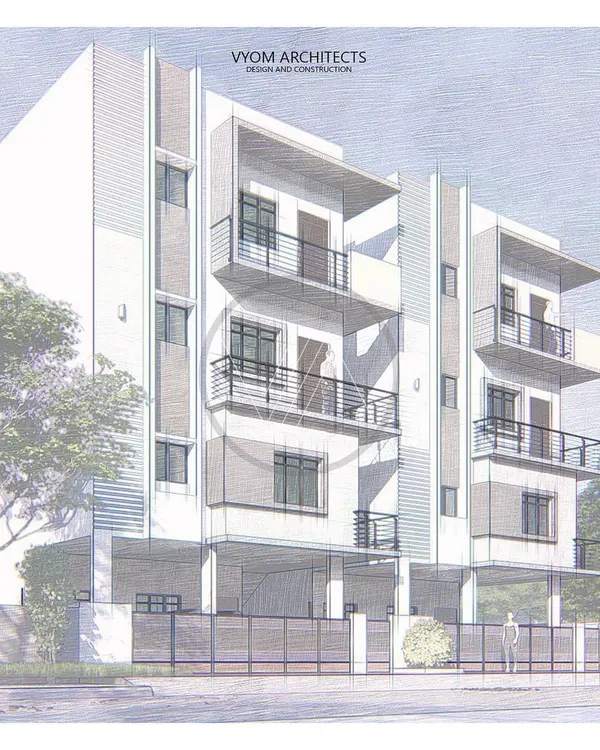 The initial sketch concept for "The Twin House" project in Kogilu, Bangalore. This hand-drawn overlay on a 3D model helps establish the design's core aesthetic and structure.