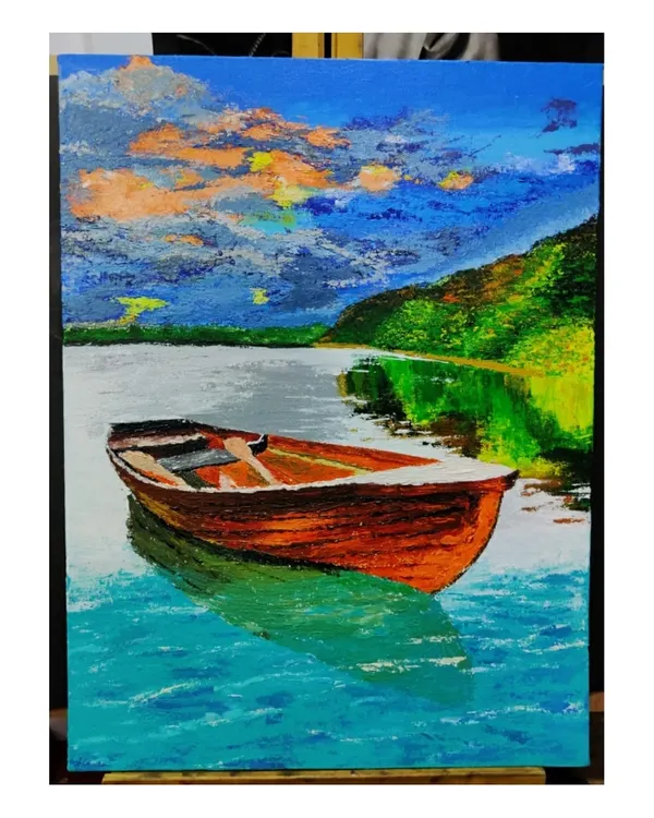 A landscape painting of a boat on the water, created using a palette knife and acrylics. This technique gives the artwork a rich, textured feel. This piece is a reminder that learning involves making mistakes.