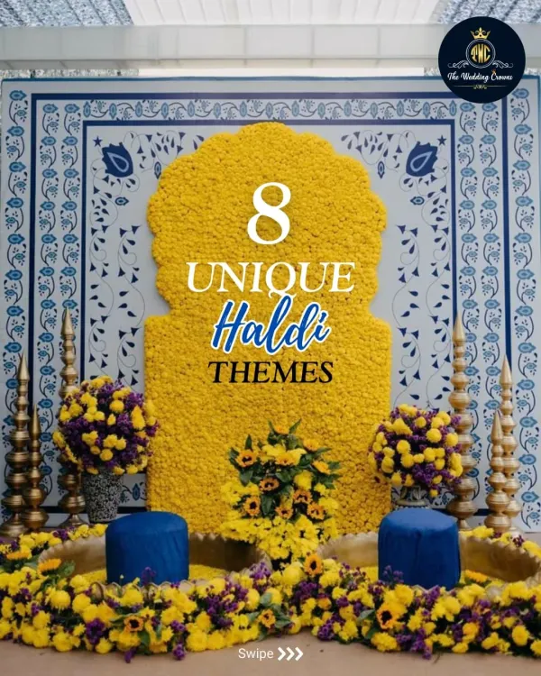 A stunning Haldi setup featuring a backdrop of yellow marigolds against a blue and white patterned wall. This theme proves that Haldi ceremonies can be unique and vibrant beyond the traditional yellow.