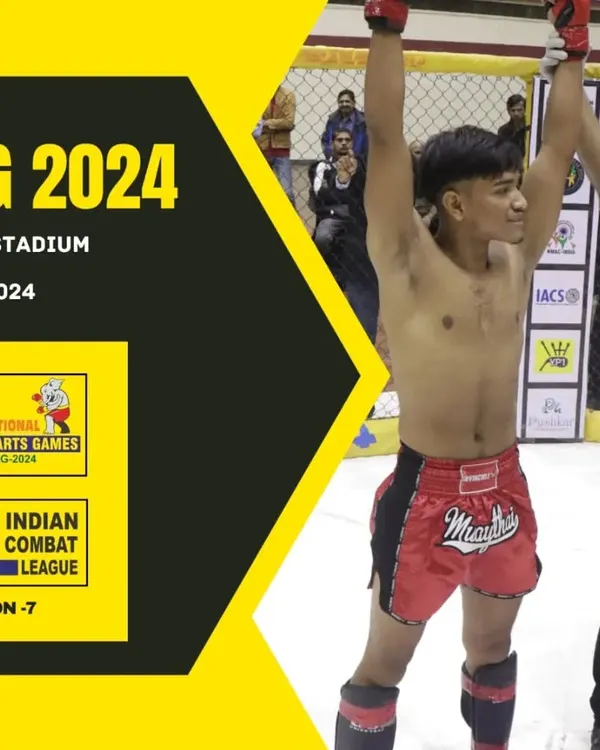 Our training prepares you for the highest levels of competition. Here is one of our fighters celebrating a victory at the National Martial Arts Games (NMAG 2024), a testament to the effectiveness of our MMA and combat sports coaching.