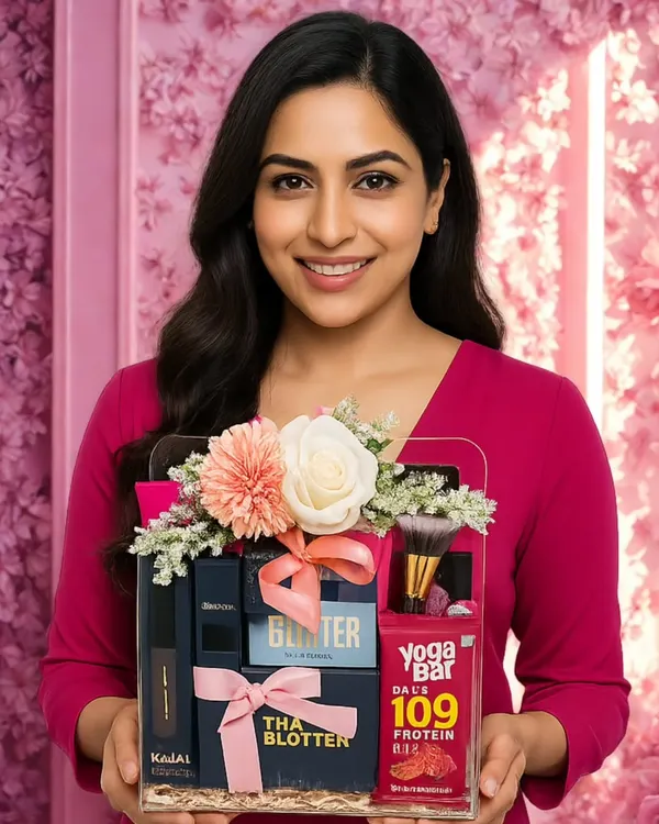 This is the kind of celebrity and influencer hamper I love to create. It's a beautiful assortment of beauty and wellness products, including items from Yoga Bar, all presented in a basket adorned with a custom floral arrangement to create a truly memorable unboxing moment.