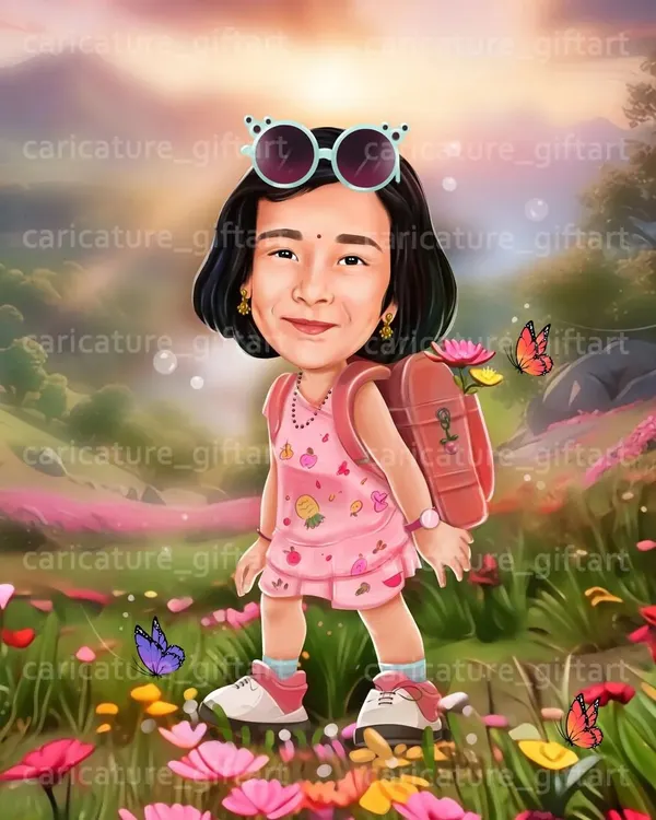 A whimsical birthday caricature for a little girl. I created a magical scene with her walking through a field of flowers, complete with a backpack and cool sunglasses. It’s a perfect fantasy portrait for a child's birthday.