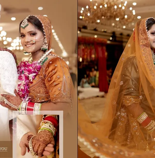 A classic wedding album layout, featuring a mix of couple portraits and a beautiful solo shot of the bride twirling her veil.