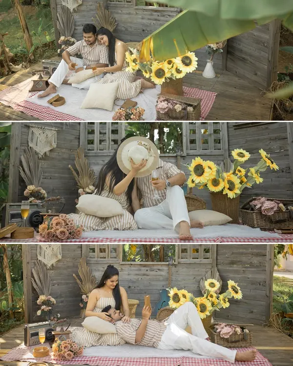 A collage from a lovely picnic-themed pre-wedding shoot. It captures the relaxed, happy, and intimate moments that make your story unique, complete with sunflowers and a retro vibe.