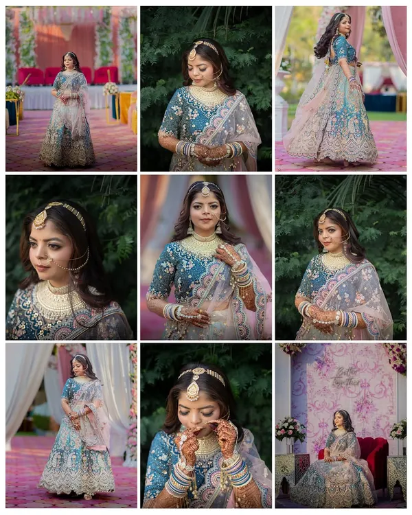 A stunning grid of bridal portraits, showcasing the bride Darshana's elegance in her teal and pink lehenga from every angle.