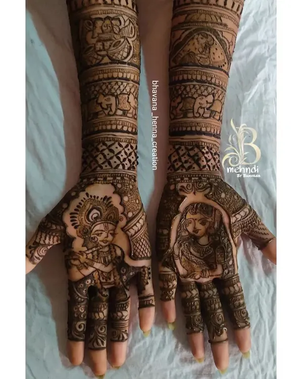 A classic Radha-Krishna portrait design, perfect for celebrating love and devotion. The forearms are decorated with elephant motifs and traditional Indian patterns.
