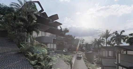 Inspired by the site's dramatic slope to the sea, our Dona Paula masterplan features a series of tropical roofs that appear to fly out of the mountain. The design follows the natural contours, creating a low-rise development that blends organically with the terrain.