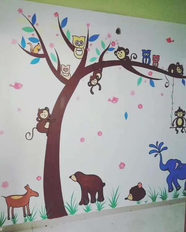 This detailed jungle scene features a variety of playful animals, creating an engaging and colorful environment for a child's bedroom or playroom. We can incorporate your child's favorite animals into a unique design.