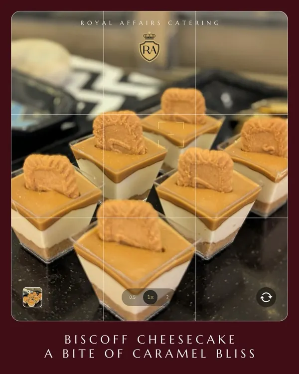 Indulge in a bite of caramel bliss with our Biscoff Cheesecake. These individual dessert cups feature a creamy cheesecake layer topped with rich Biscoff spread and a crunchy biscuit.