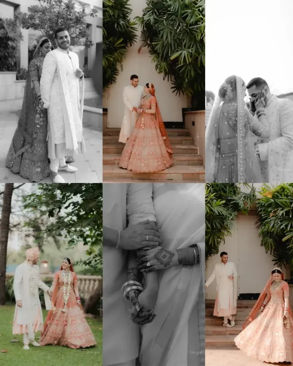 A collage of moments from a beautiful wedding day, showing the couple's portraits, candid interactions, and the overall happy vibe.