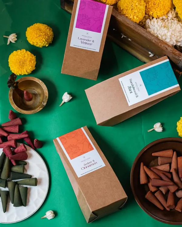 I'm excited to share my latest launch of chemical-free incense cones, just in time for the festive season. This image shows the three incredible scent profiles, perfect for celebrations like Durga Puja or Diwali.