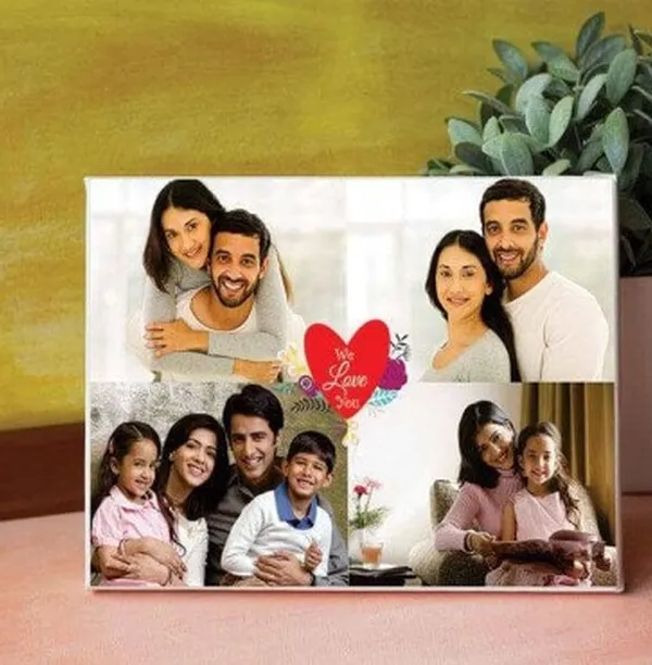Create a beautiful family collage with a "We Love You" personalized canvas. You can combine multiple family photos into one piece of wall art, making it a perfect gift for parents or grandparents.