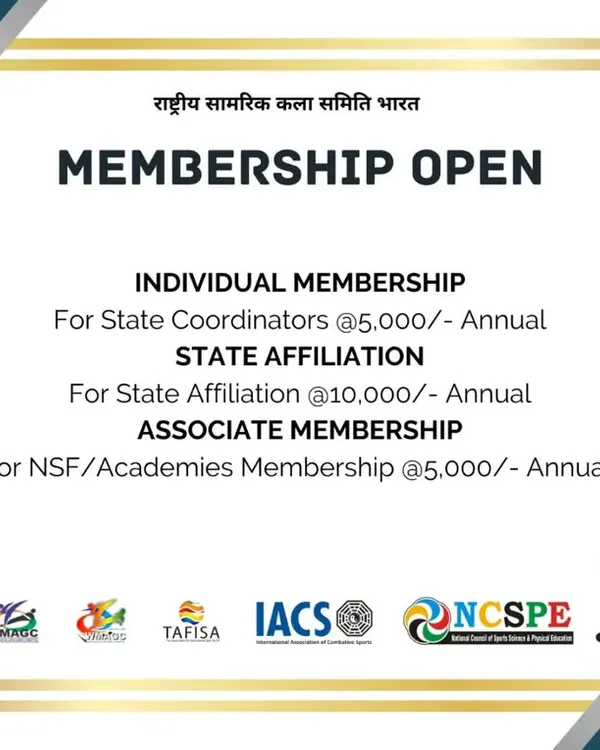 This poster details the membership opportunities with the National Martial Arts Committee (NMAC) India. It outlines the annual fees for Individual Membership (State Coordinators), State Affiliation, and Associate Membership for academies.