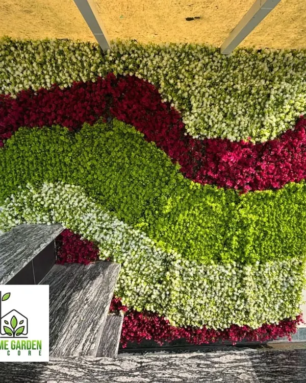 I love getting creative with custom designs. For this bar counter's back wall in Kailash Colony, I used UV coated foliage in different colors to create a unique, wavy pattern that really pops.