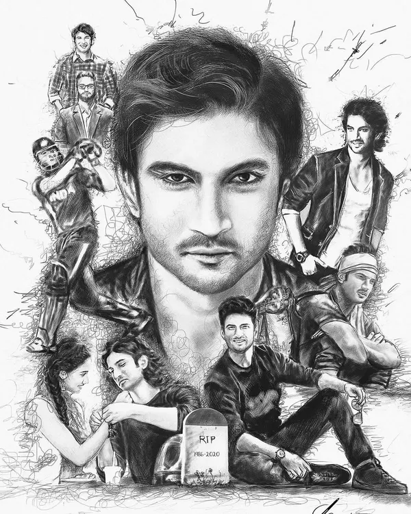 A tribute drawing I made for Sushant Singh Rajput. This collage combines several of his iconic roles and moments into one piece to celebrate his journey and talent.