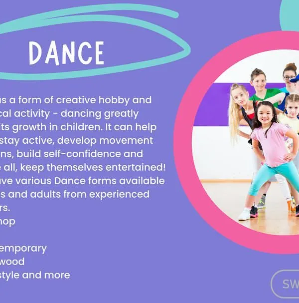 We offer a wide range of dance forms, including Hip-hop, Jazz, Contemporary, and Bollywood. This flyer provides details on how dance benefits a child's growth, from physical activity to building self-confidence.
