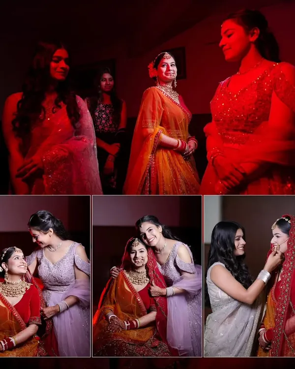 A collage of the bride sharing heartfelt and fun moments with her friends and bridesmaids during the wedding festivities.