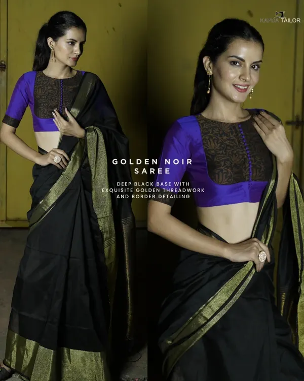 Not every outfit can make you feel royal, but this Golden Noir saree does. A deep black base with exquisite golden threadwork and border detailing, it transforms you with every pleat.
