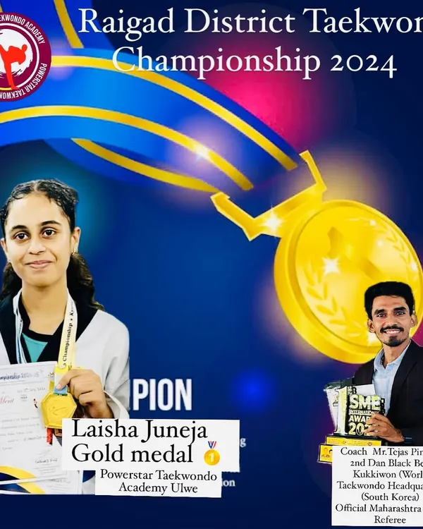 Laisha Juneja with her gold medal from the Raigad District Taekwondo Championship 2024. A proud moment for our academy.