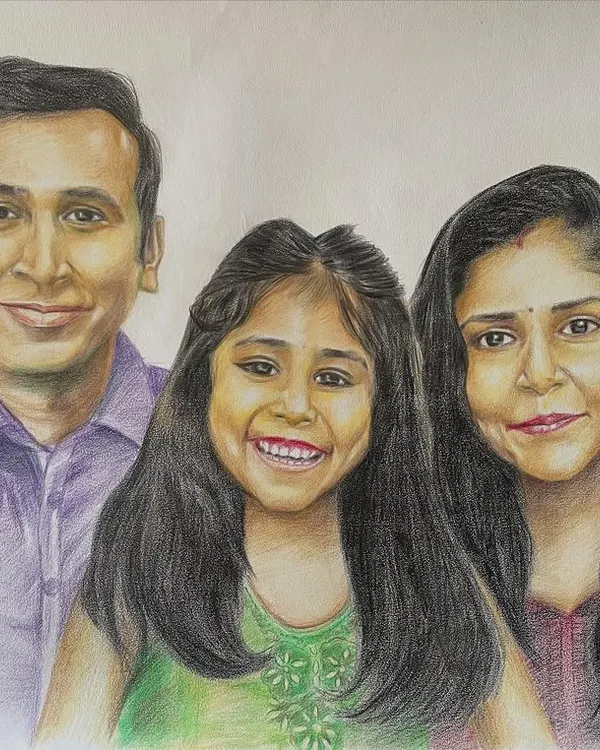 A beautiful family portrait is a treasure. I created this piece using color pencils to capture the distinct personalities and the connection between them. It’s a wonderful way to freeze a moment in time for your family.
