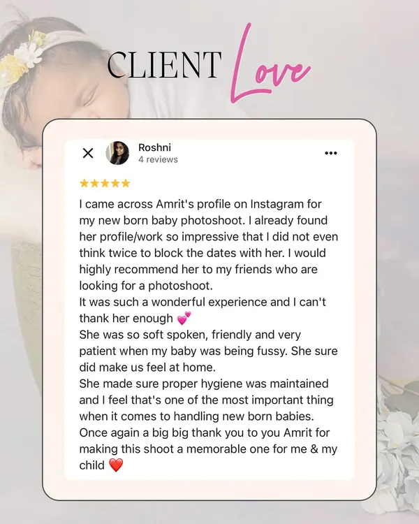 "She was so soft spoken, friendly and very patient when my baby was being fussy." This review from Roshni warms my heart and highlights my commitment to ensuring a comfortable and stress free experience for both baby and parents.