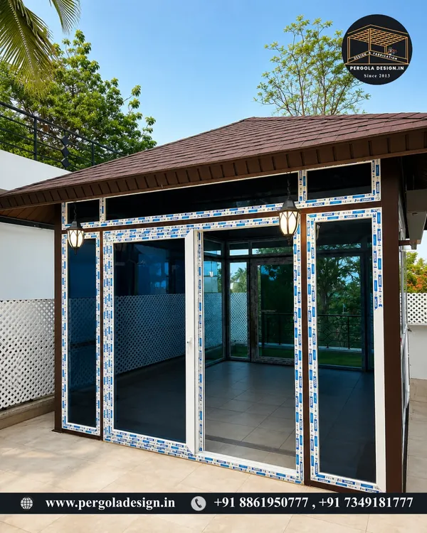 A daytime view of our premium glass room, featuring tinted glass for privacy and sun protection, and high-quality UPVC sliding doors that open up to create a seamless flow between the indoor and outdoor spaces.