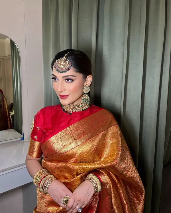 A stunning and timeless look for my regular client. She always looks amazing. Here she is in a beautiful golden silk saree, for which we did a classic makeup look with a bold red lip and a neat bun.