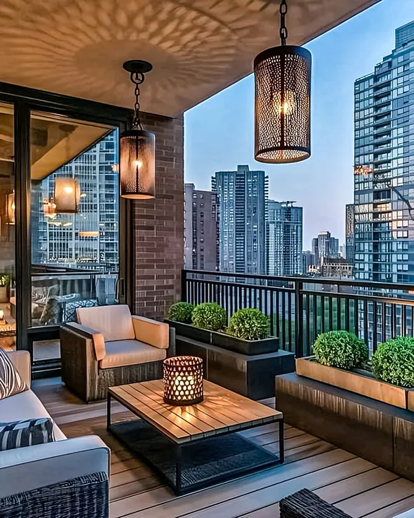 This balcony is designed to be enjoyed as the sun sets over the city. The industrial-style pendant lights and the candle lantern on the coffee table provide a warm, intimate glow, creating a sophisticated lounge atmosphere.