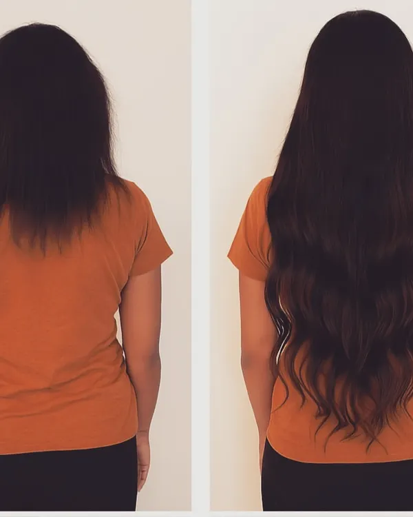 A stunning 28-inch transformation with natural waves. This shows how we can add incredible length while maintaining a soft, flowing, and voluminous texture.