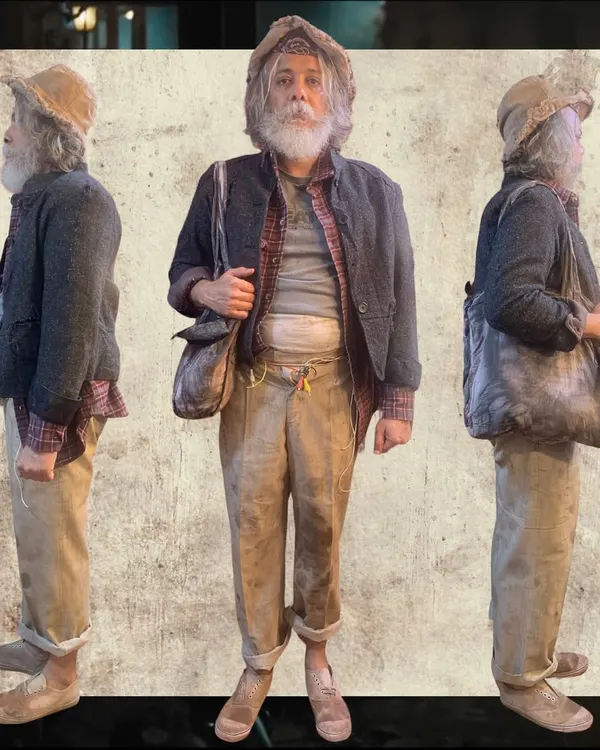 A 360-degree view of the final costume for a character in an Infinix India ad. I layered a plaid shirt, a worn-out jacket, a knitted sweater, and aged trousers to build a rich, believable history for the character before he even appeared on screen.