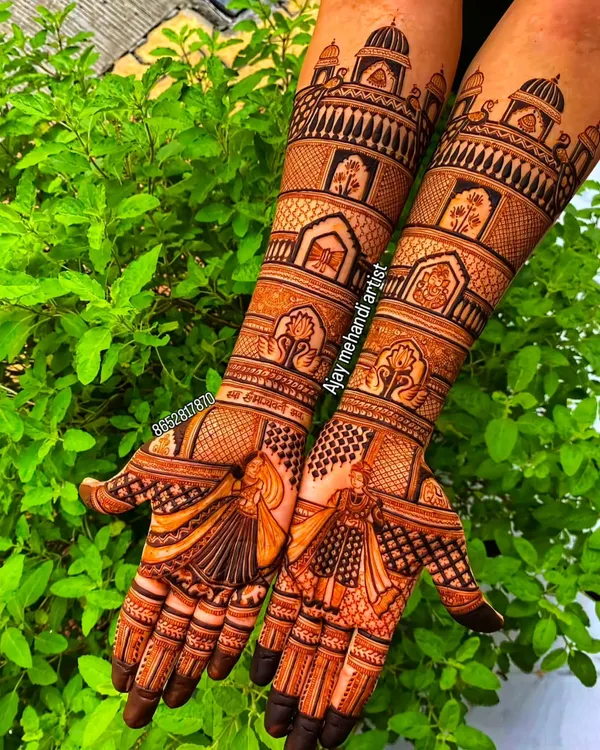 This is a classic full bridal mehndi design. I included detailed figures of a bride in a doli, palace architecture on the forearms, and delicate patterns, all done with my 100% natural henna for a guaranteed dark stain.