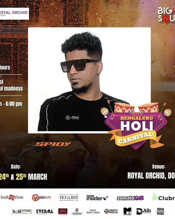 The poster for the Bengaluru Holi Carnival at Royal Orchid, a massive 3-day festival. I'm a regular headliner at the city's biggest open-air Holi parties.