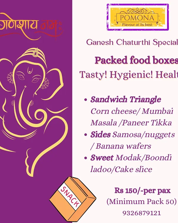 My packed food box menu for Ganesh Chaturthi, featuring a mix of savory and sweet items. Options include paneer tikka sandwiches, samosas, and festive sweets like boondi ladoo, perfect for high tea or guest offerings.