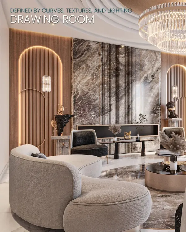 This drawing room is defined by curves, textures, and light. We designed a sculptural ceiling and sourced curved seating to create a sense of circular harmony, while the feature wall of book-matched marble and fluted panels adds dramatic texture.