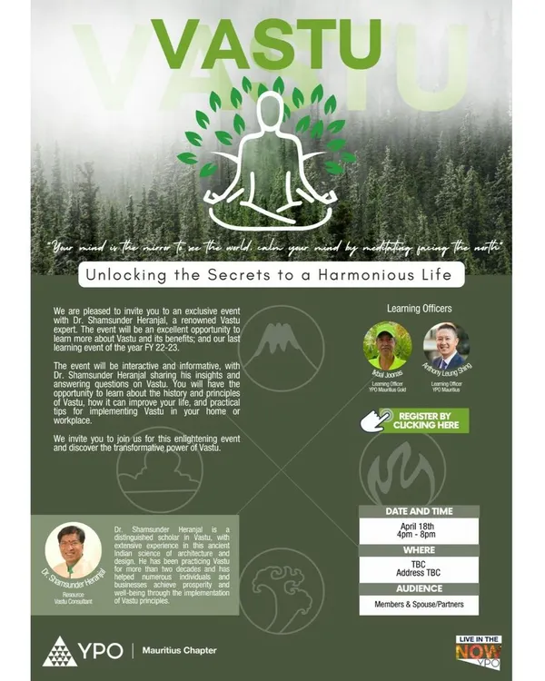 We were honored to be invited by the YPO Mauritius Chapter to give a talk on Vaastu and Astrology. This poster is from the enlightening event where we shared our insights with members and partners.